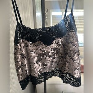 Express Black and Silver Sequin Lace Crop Top